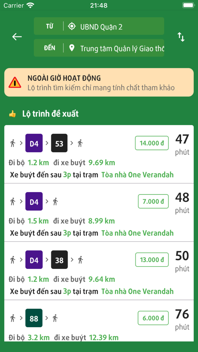 Suggested multimodal routes with fare & travel time